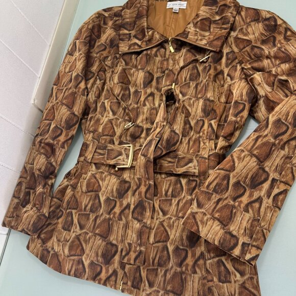 St. John Jackets & Blazers - ST. JOHN Belted Trench Coat Jacket Womens Large L Satin Animal Print Full Zip